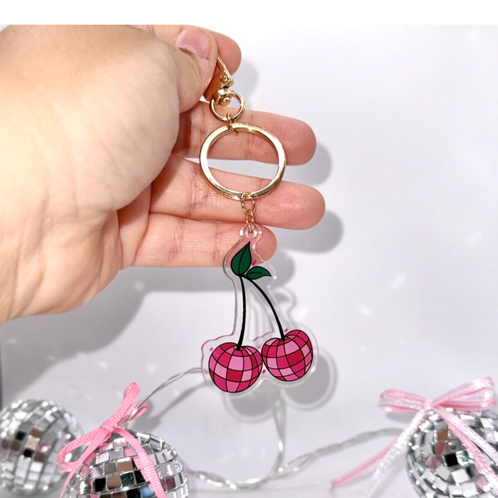 Disco Cherries KeyChain - Trendy Acrylic Accessories Cute Girly Retro Key Charm 2.5" Double-Sided Cherry Bag Charm Gift Idea