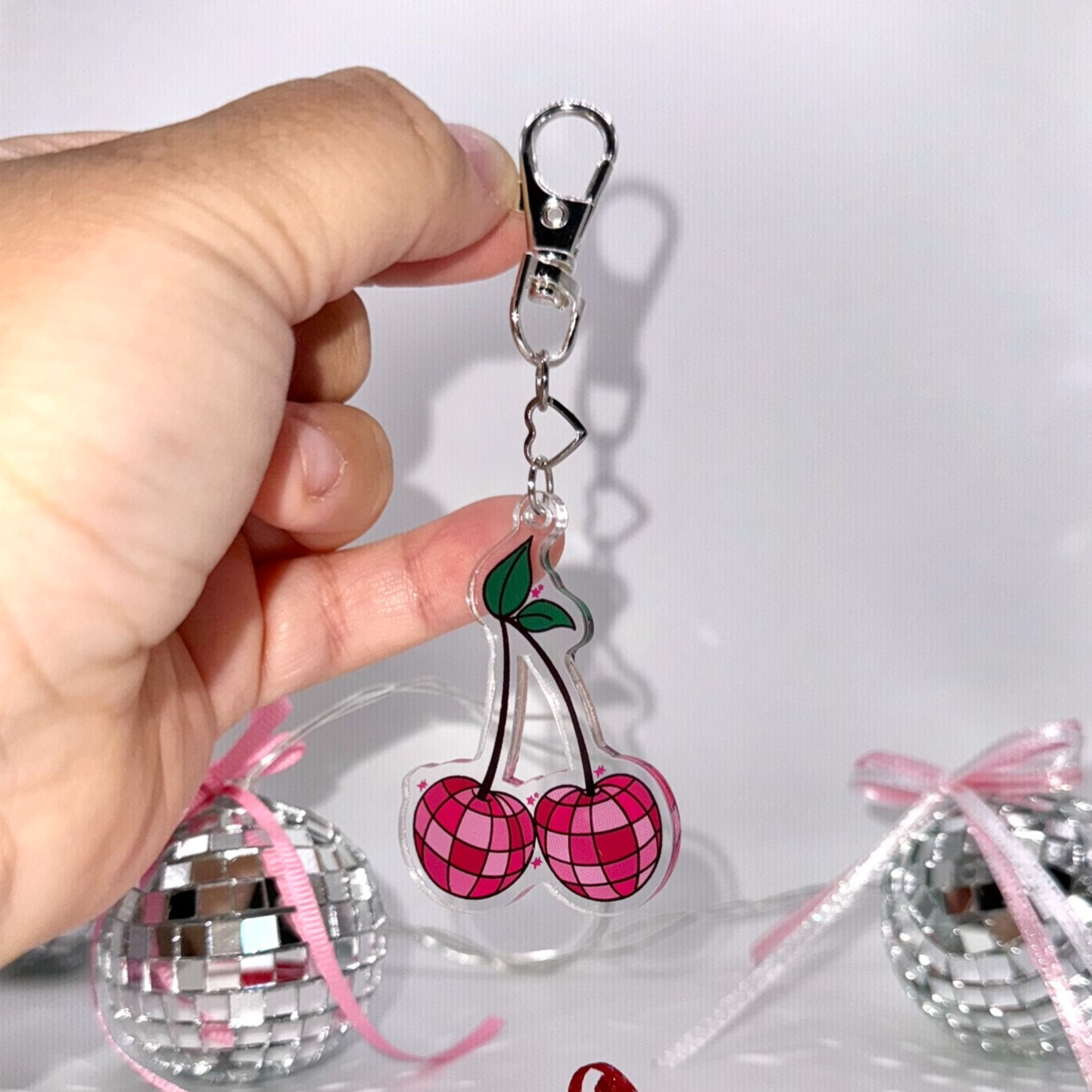 Disco Cherries KeyChain - Trendy Acrylic Accessories Cute Girly Retro Key Charm 2.5" Double-Sided Cherry Bag Charm Gift Idea