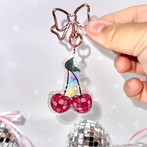 Disco Ball Cherries Keychain - Trendy Acrylic Accessories Sparkly Retro Double-Sided Keychain 2.5" Cherry Bag Charm Girly Coquette Gift Idea