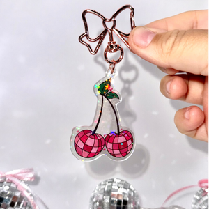 Disco Ball Cherries Keychain - Trendy Acrylic Accessories Sparkly Retro Double-Sided Keychain 2.5" Cherry Bag Charm Girly Coquette Gift Idea